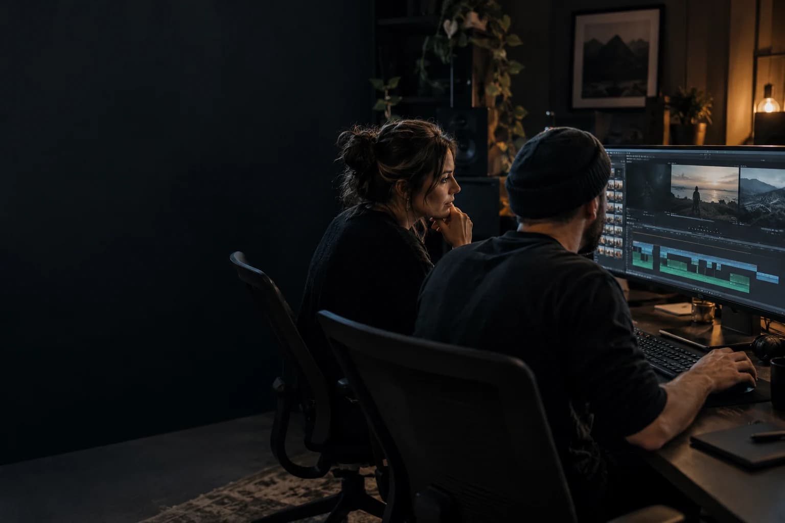 Editorial illustration of two creative professionals reviewing a video edit together in a studio